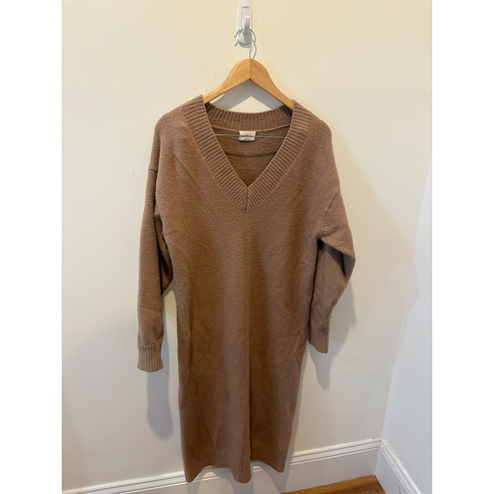 Wilfred Aritzia Brown V-Neck Wool Cashmere Blend Midi Sweater Dress Small